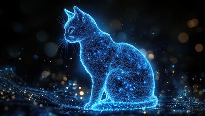 Luminous cat outline, digital mesh.