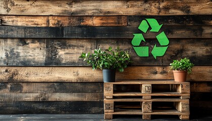 Ecofriendly wooden planks or pallets stacked with a visible green recycle symbol