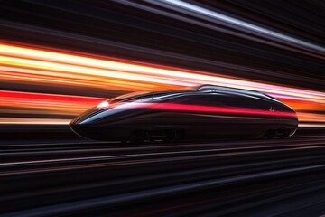 Sleek train speeds through light streaks.