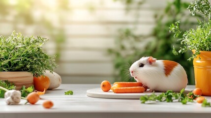 Close up image of an adorable guinea pig nibbling on a fresh vibrant orange carrot placed on a clean white tabletop with soft natural lighting