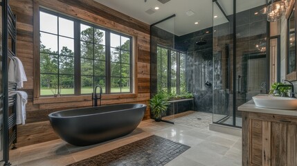 Fototapeta premium Modern rustic bathroom with black tub, shower, wood walls and green view.