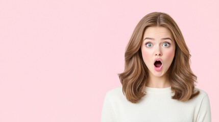 Naklejka premium A surprised woman with long hair against a pink background.