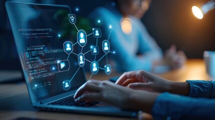 A person is working on a laptop with a network visualization displayed on the screen, highlighting connections and data flow in a digital environment.