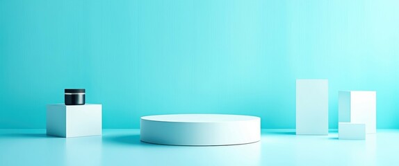 A minimalist photograph of a single, white cylindrical object with a flat top and a slightly reflective surface, centered against a solid, bright turquoise background. The object is positioned on a fl