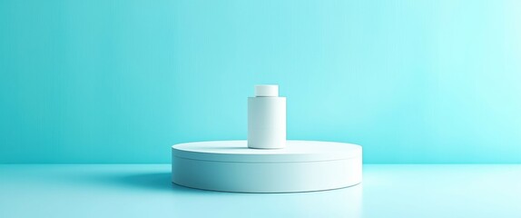 A minimalist photograph of a single, white cylindrical object with a flat top and a slightly reflective surface, centered against a solid, bright turquoise background. The object is positioned on a fl