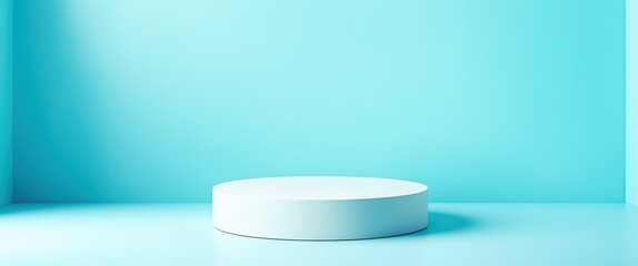 A minimalist photograph of a single, white cylindrical object with a flat top and a slightly reflective surface, centered against a solid, bright turquoise background. The object is positioned on a fl