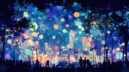 City night abstract painting with bokeh lights and silhouetted people.