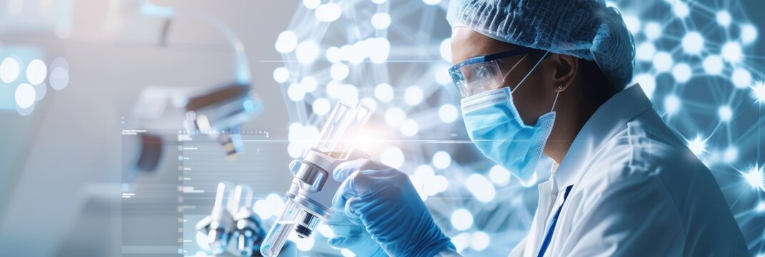 A scientist in a lab, wearing protective gear, examines a specimen under bright lights, symbolizing research and innovation in science. - Powered by Adobe