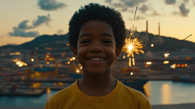 Celebrating joyful moments child smiling with sparklers urban landscape evening glow