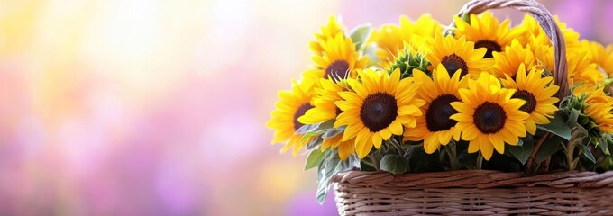 Sunflowers in basket with bokeh background.