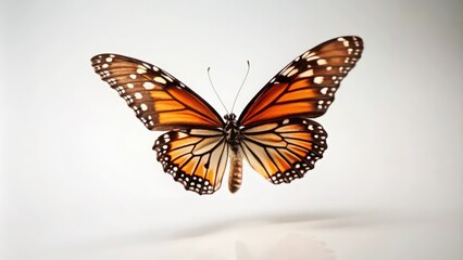 A Monarch Butterfly in Flight, Wings Spread Open, White Background
