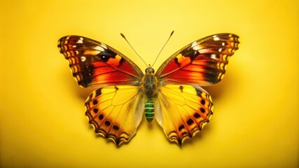A vibrant butterfly with orange, black, and yellow wings against a bright yellow background.