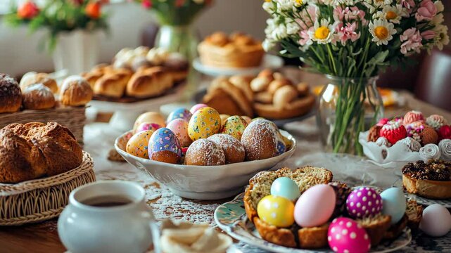 A table is covered with a variety of foods, including pastries, bread, and eggs