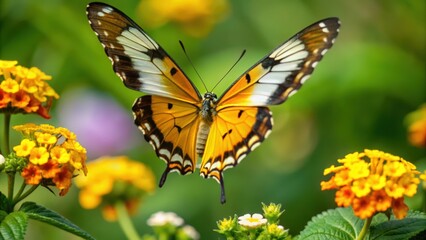 Obraz premium A Colorful Butterfly in Flight Over Yellow Flowers