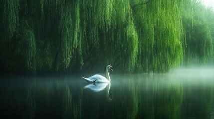 Solitary Swan in a Misty Morning