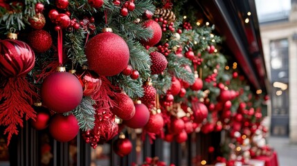 A festive display of red Christmas ornaments and greenery, creating a vibrant and cheerful holiday atmosphere.