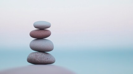 A serene image of four smooth stones stacked elegantly in pastel colors.