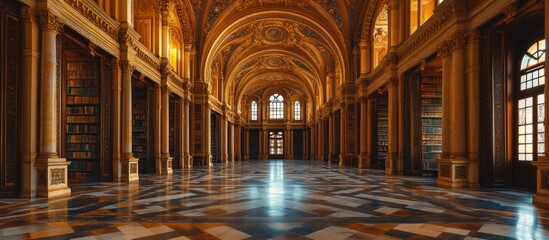 Obraz premium Grand Library Interior with Sunlight Streaming Through Windows