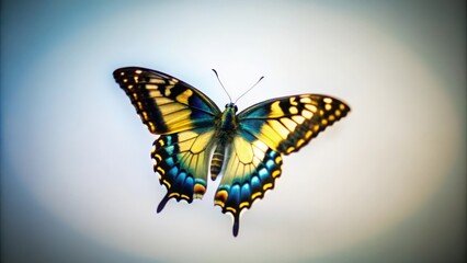 Naklejka premium A Vibrant Blue and Yellow Butterfly in Flight