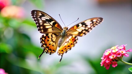 Obraz premium A Vibrant Butterfly in Flight with Blurry Pink Flowers in the Background
