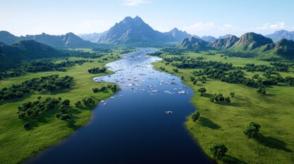 Fototapeta premium Aerial view of a serene river flowing through lush green landscapes.