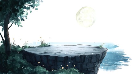 A moonlit cliffside scene with a rocky ledge overlooking the sea and a single tree on the left.
