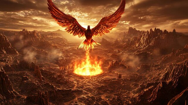 Majestic phoenix rising from fiery depths in a dramatic landscape at dusk