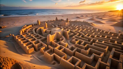 Fototapeta premium Sandcastle Maze at Sunset on a Beach