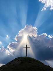 Obraz premium Spiritual reflection at sunrise hilltop cross landscape photography nature scene serene atmosphere