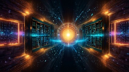 Fototapeta premium Surreal arcane library design with luminous, floating book motifs blending into a warm and radiant gradient