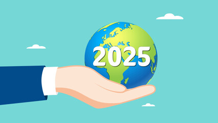 Sustainable environment development goals on 2025 new year, ESG, SDGs, net zero, sustainability management environmental for save world, emission carbon neutral, hand carrying a globe with year 2025