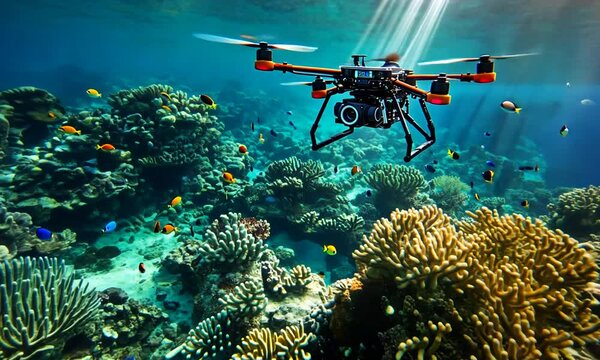 drone capturing underwater coral reef scenery
