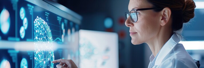 A woman in a lab coat analyzes digital data on screens, focusing on scientific visuals, representing advanced technology and research in a modern laboratory.