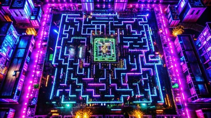 Aerial View of a Neon Lit Maze in a Cityscape