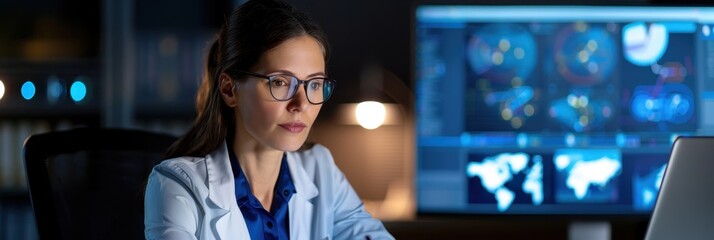 A focused woman in a lab coat analyzes data on a computer, surrounded by screens displaying maps and graphs in a modern workspace.