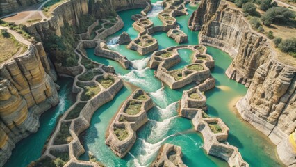 Aerial View of a River Flowing Through a Canyon with Multiple Pools and Waterfalls