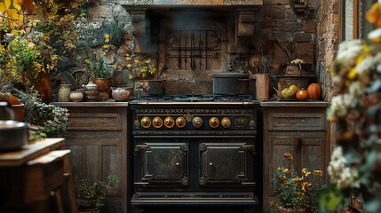 Rustic Autumn Kitchen: Antique Oven and Harvest Decor