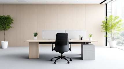 Modern office space with desk, chair, and greenery.