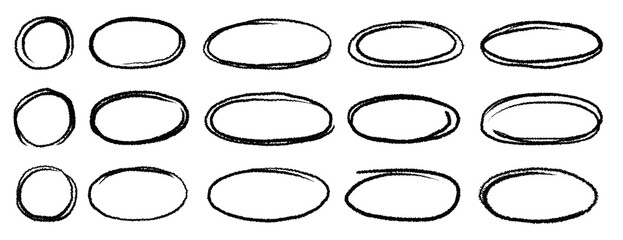 Marker brush marker scribble line oval frame shape set. Hand drawn marker crayon brush stroke highlight round, circular highlight frame element. Scribble sketch round hand drawn vector illustration