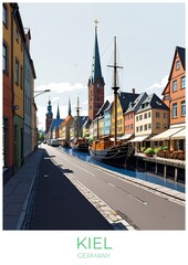 Obraz premium Kiel Germany Eco Friendly Travel Poster Illustration Vintage Wall Art