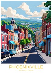 Obraz premium Phoenixville Pennsylvania Eco Friendly Travel Poster Illustration Retro Wall Art Print Decor Gift