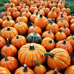 Pumpkin patch filled with an array of colorful pumpkins and gourds, ,