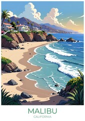 Naklejka premium Malibu California Retro Travel Poster Eco Friendly Art Print Wall Decor