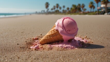 Pink strawberry ice cream melting on sand at beach on summer day