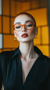 fashion model woman with shaved head read heair wearing orange glasses yellow black shirt background businesswoman alternative edgy vertical beauty cosmetics  mobile social marketing