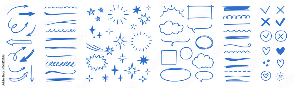 Poster line arrow hand drawn shape brush underline stroke element vector set. hand drawn doodle sketch arro