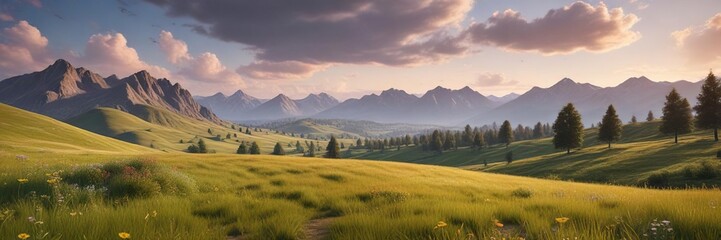 Obraz premium Rolling hills and mountains in the background with a meadow in front, meadow, grasslands, mountains