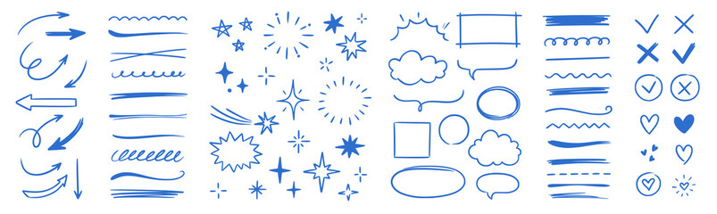 Line arrow hand drawn shape brush underline stroke element vector set. Hand drawn doodle sketch arrow, circle, star brush stroke scribble underline icon. Marker doodle heart vector illustration. © Polina Tomtosova