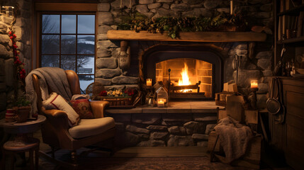 Cozy Winter Cabin: Indoor Warmth contrasted with Outdoor Chill, Featuring Stone Fireplace