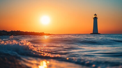 Fototapeta premium Sunrise Over Lighthouse and Ocean